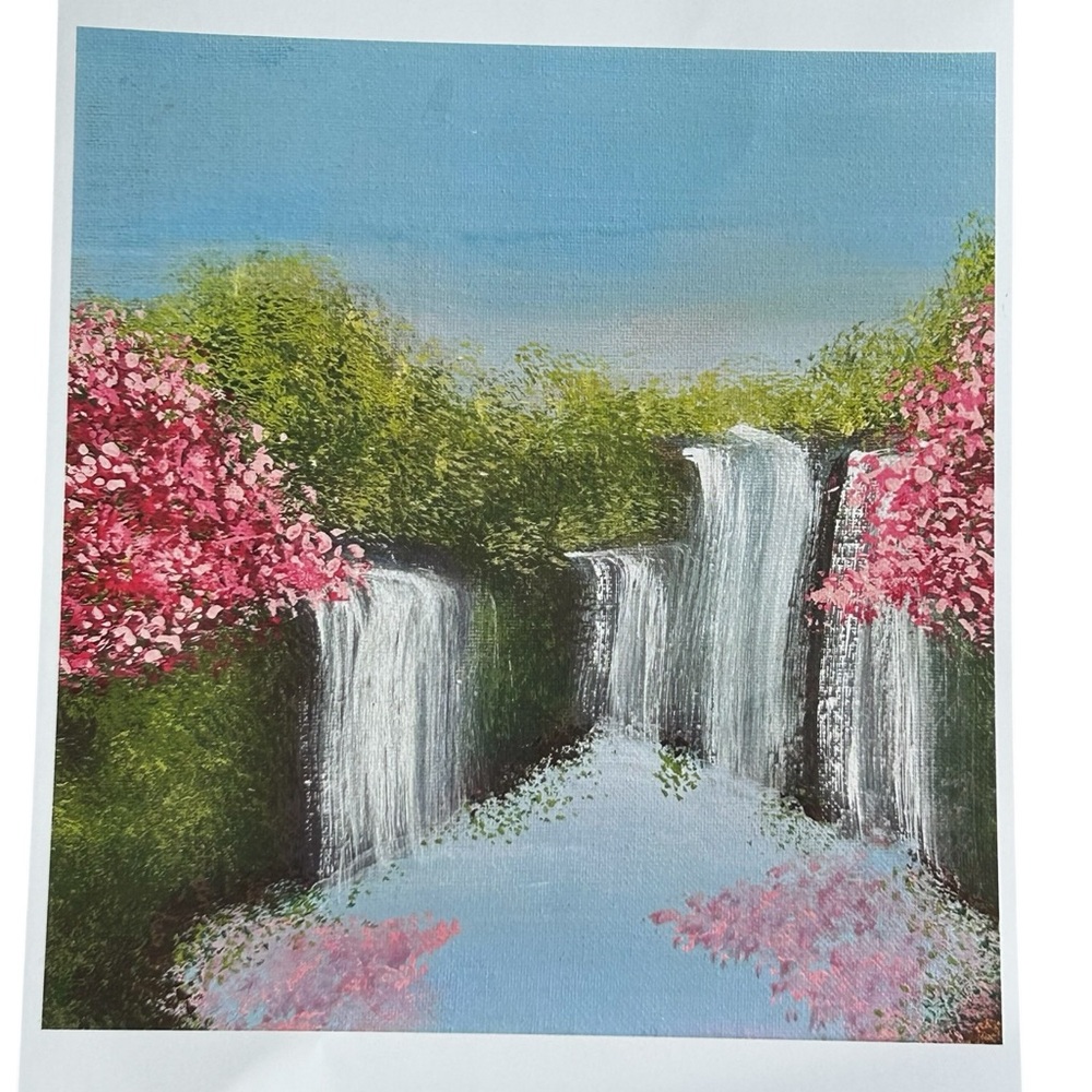 Cottagecore Nature Art Print Waterfall Blue Sky Cherry Blossom Trees 8.5" x 11"